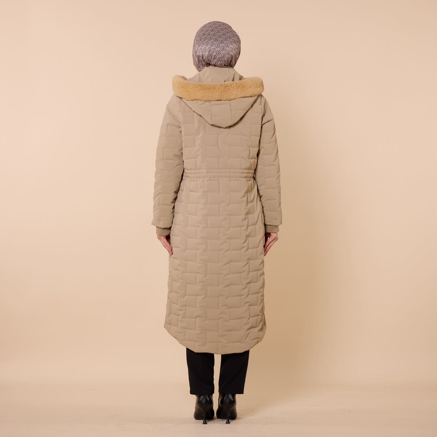 Quilted Coat With Fur Hood And Waist Tie Detail