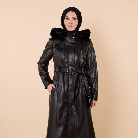 Leather Coat with Fur Hood and Belt Detail