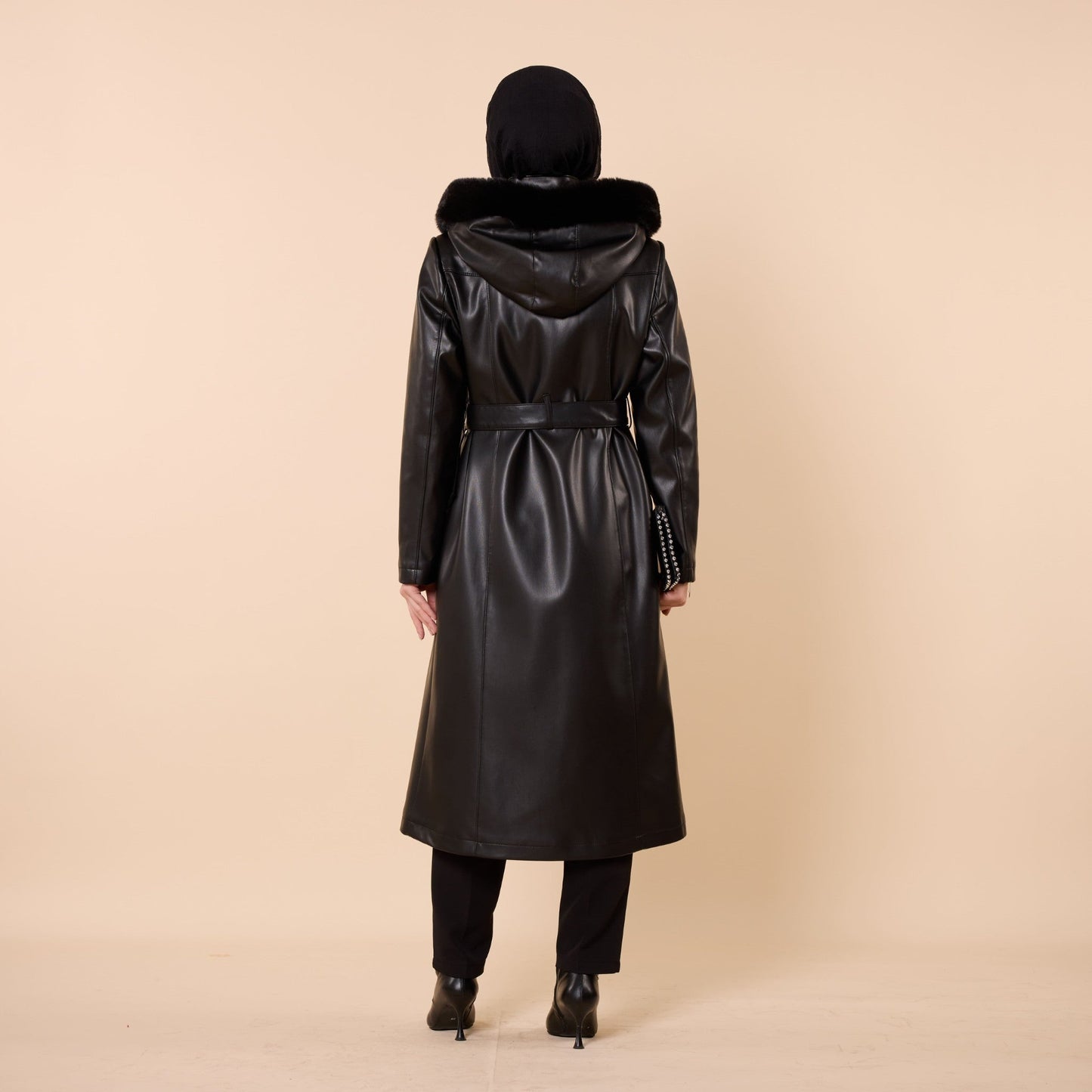Leather Coat with Fur Hood and Belt Detail