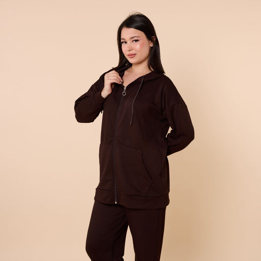 Zip Front Hooded Top And Pants Two Piece Set
