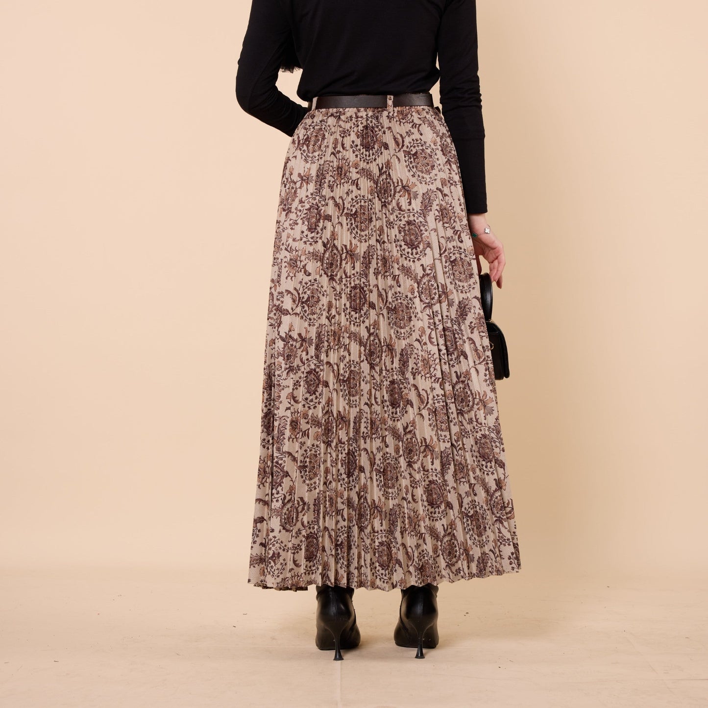 Floral Pattern Pleated Winter Skirt With Belt Detail