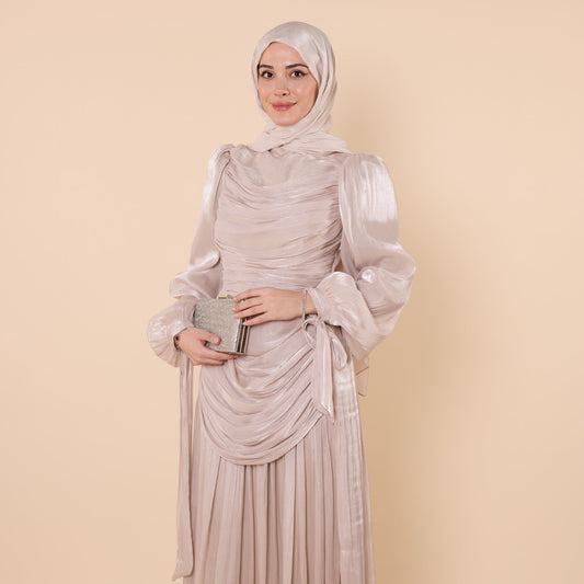 High Neck Pleated Chiffon Long Dress