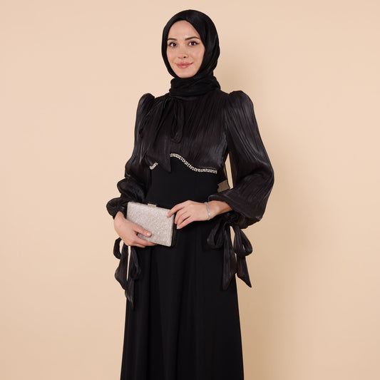 Embellished Evening Dress With Chiffon Sleeves And Pleated Detail