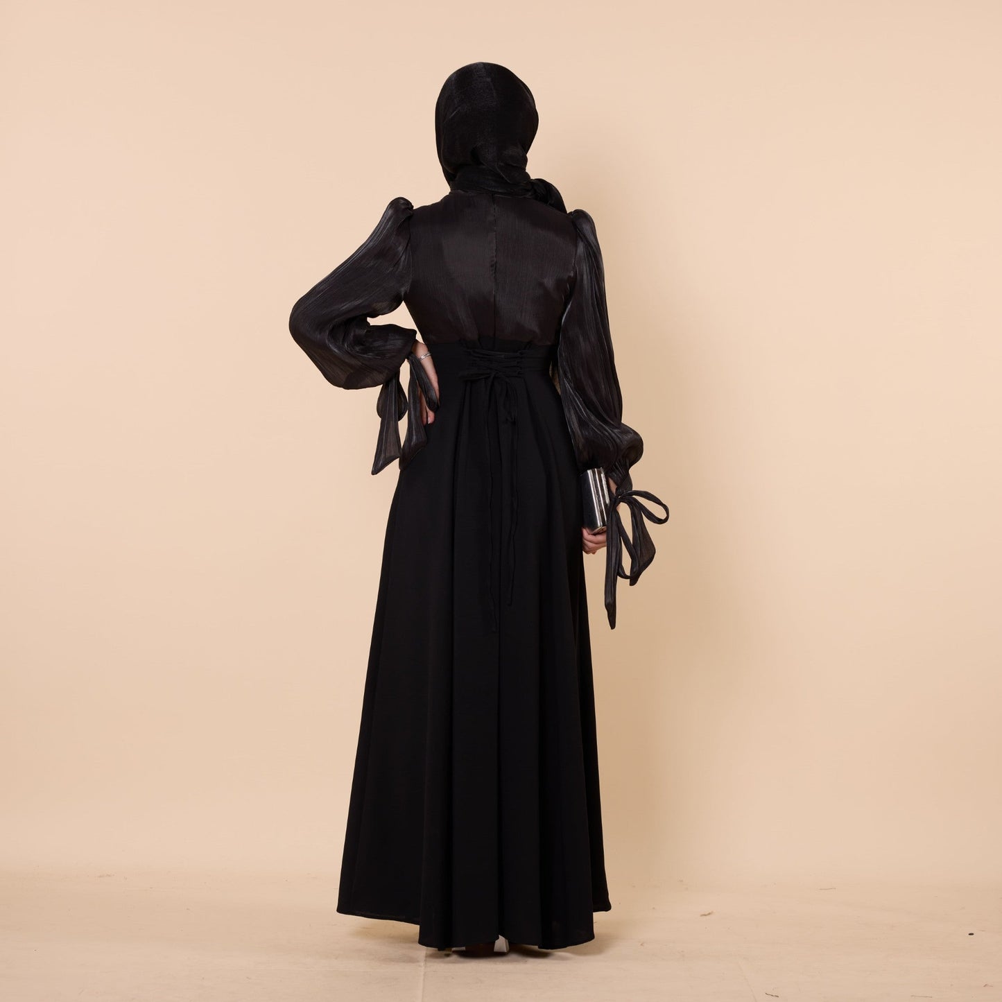 Embellished Evening Dress With Chiffon Sleeves And Pleated Detail