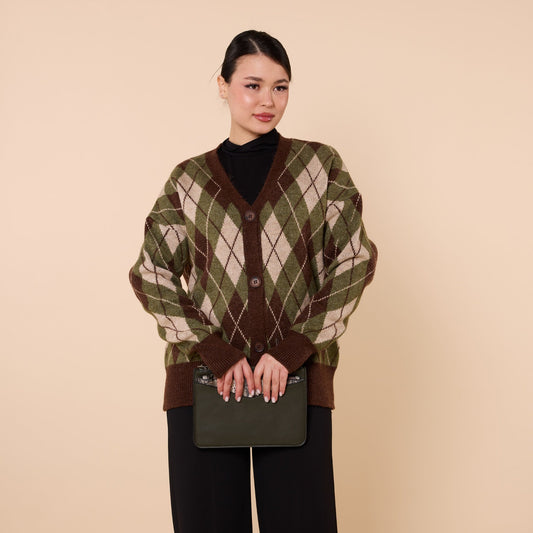 Plaid Pattern V Neck Knit Cardigan
