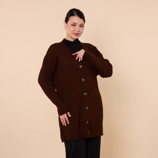 Diamond Pattern Buttoned Cardigan With Stripe Detail