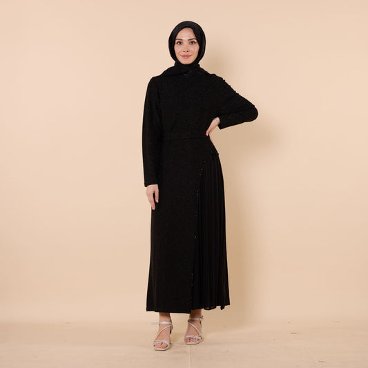 Embellished Chiffon Evening Dress With Shiny Fabric And Belt
