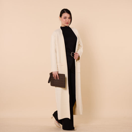Plain Long Cardigan With Shawl Collar And Pockets