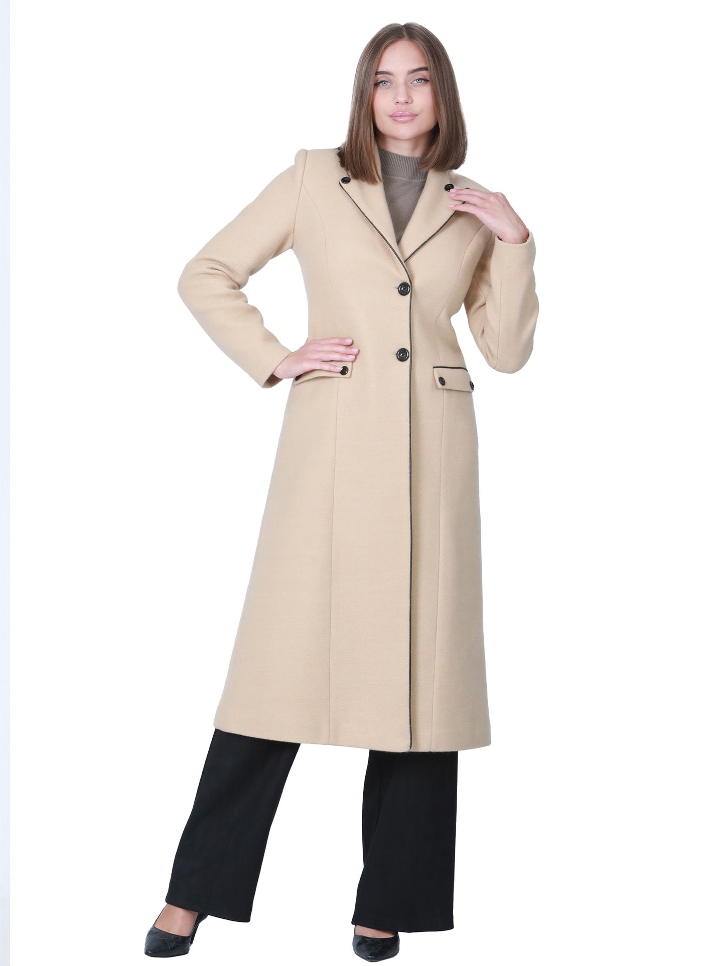 Women's long winter jacket with black buttons