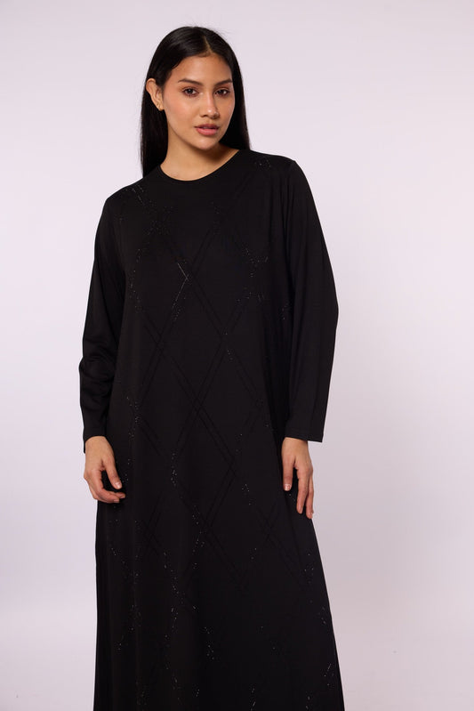 Long Diamond Patterned Dress with Stone Detail