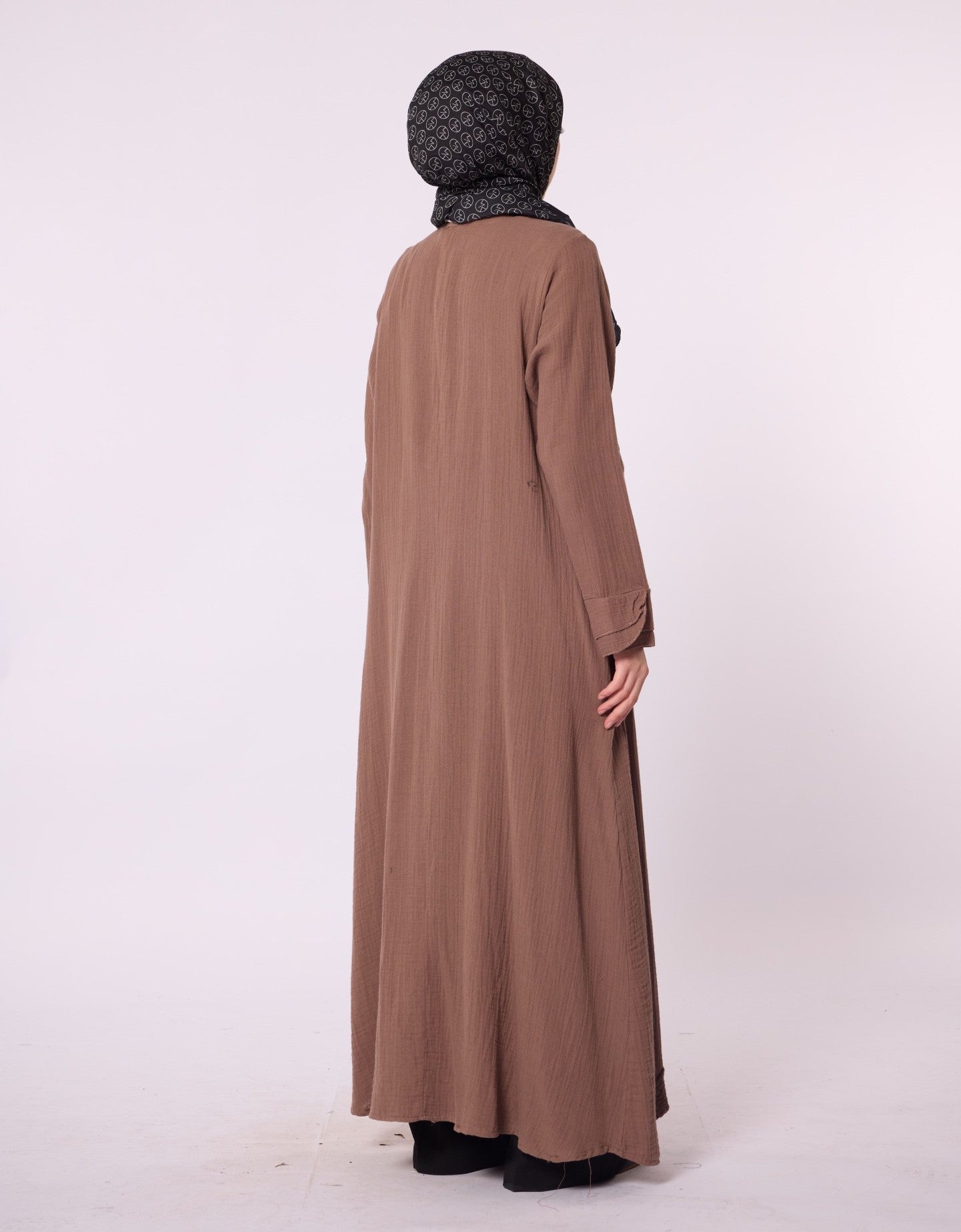 Zip-Up Abaya with Lace Detail and Crew Neck
