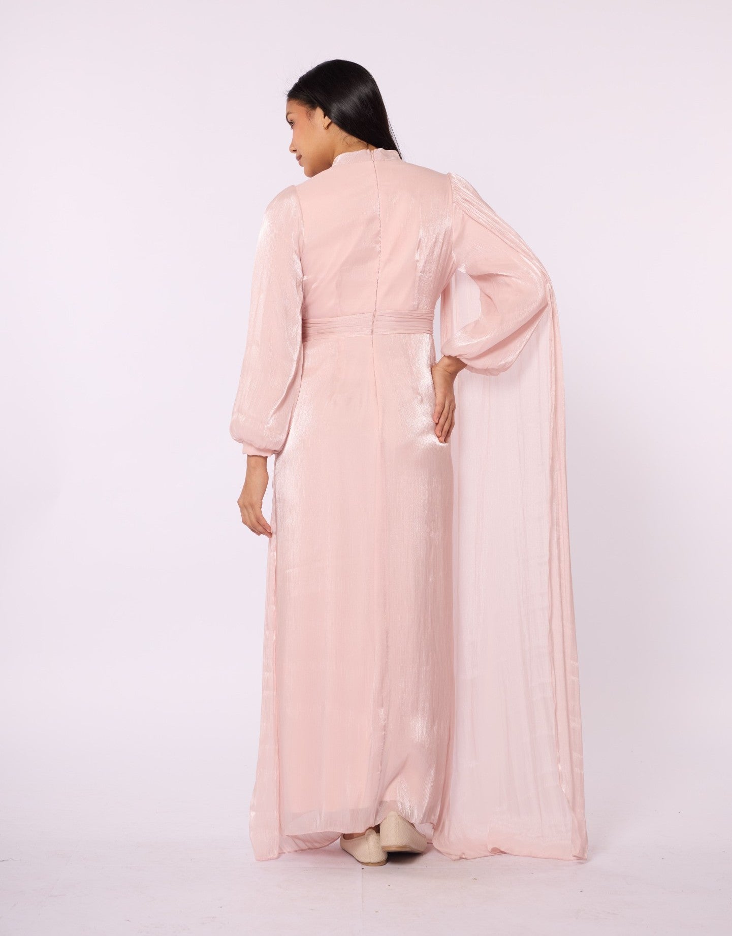 Draped Puff Sleeve Evening Dress with Flower Detail