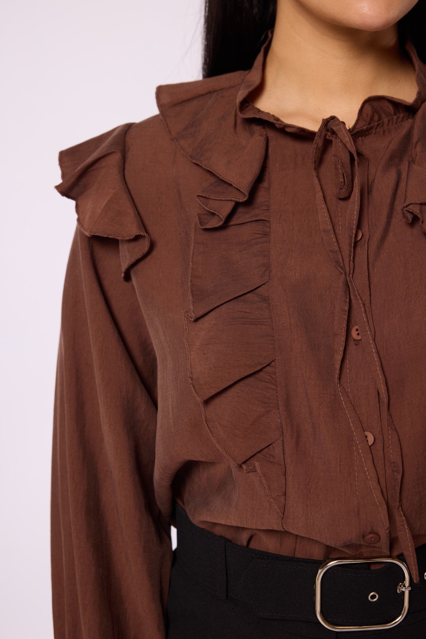 V-Neck Shirt with Ruffle Detail and Tie Neck