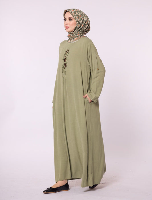 Long Crew Neck Dress with Accessory Detail