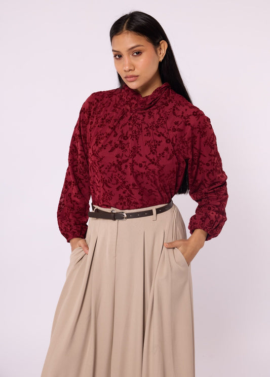 Flock Printed Raglan Sleeve Blouse with Tie Neck