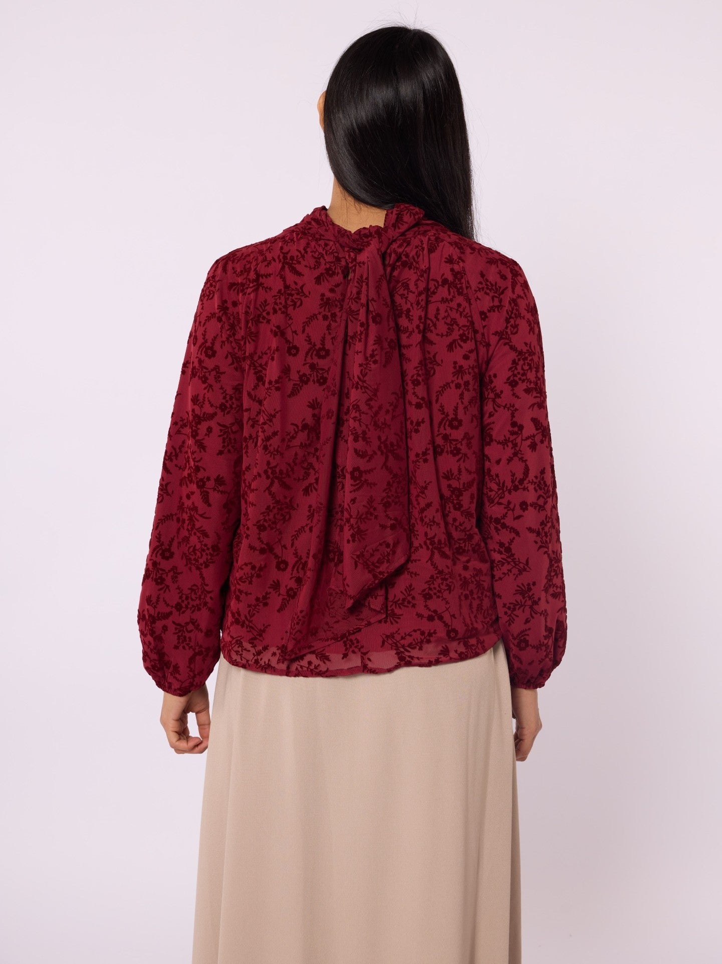 Flock Printed Raglan Sleeve Blouse with Tie Neck