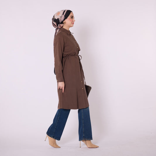 Polo Collar Tunic With Waist Tie And Cape Detail