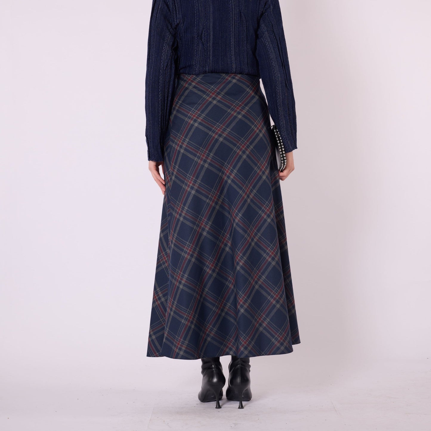 Elastic Waist Checked Long Skirt