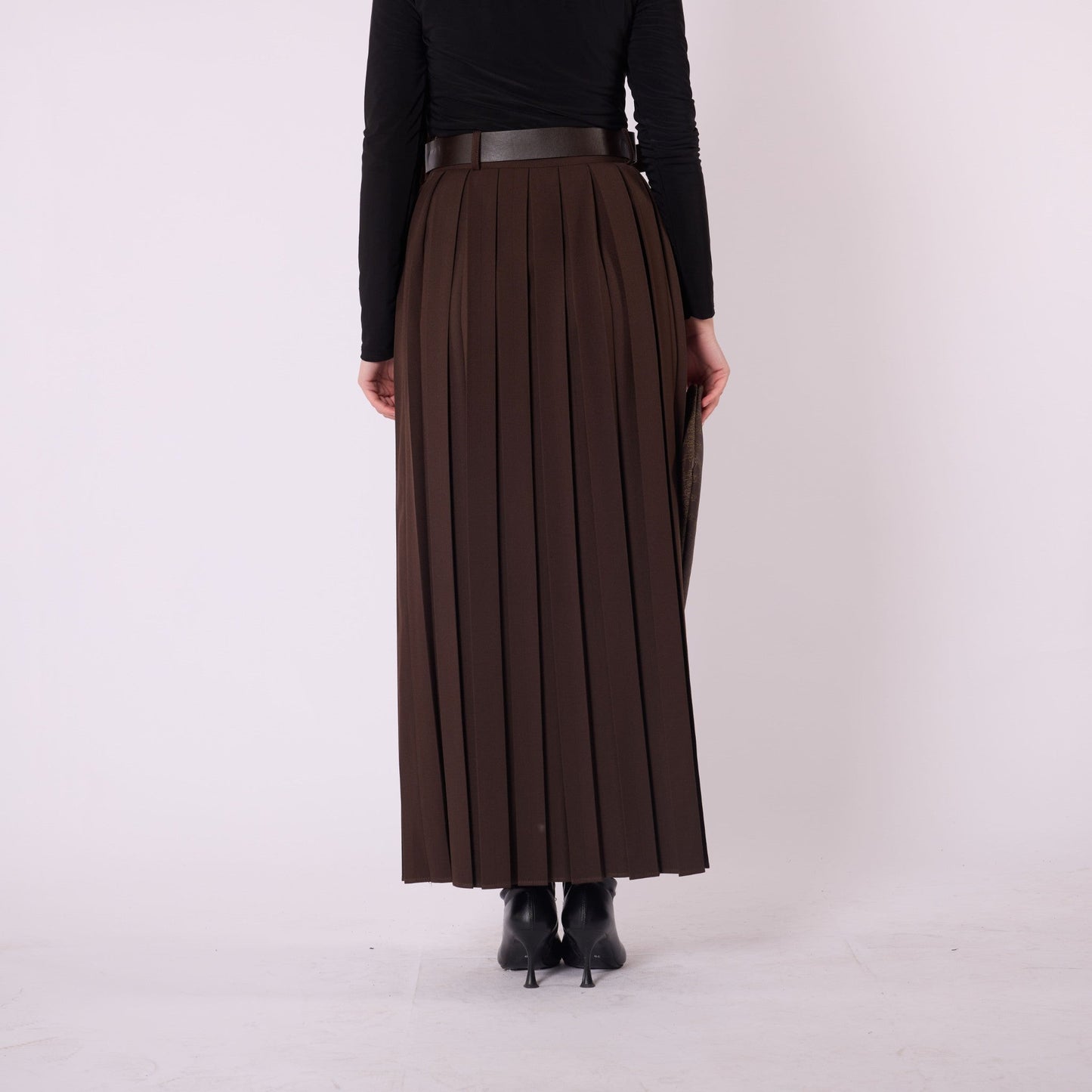 Pleated Flowing Long Skirt With Belt Detail