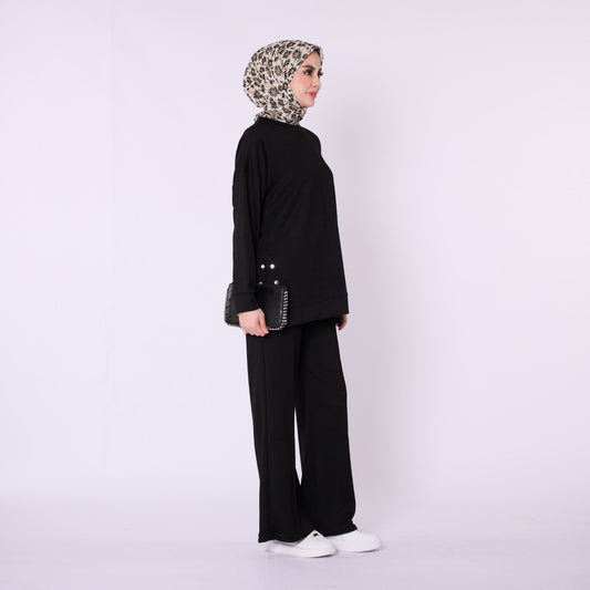 Flare Leg Jersey Two Piece Set With Snap Detail