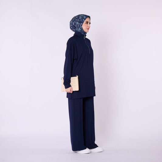 Half Zip High Neck Pants Two Piece Set With Crease Seam Detail