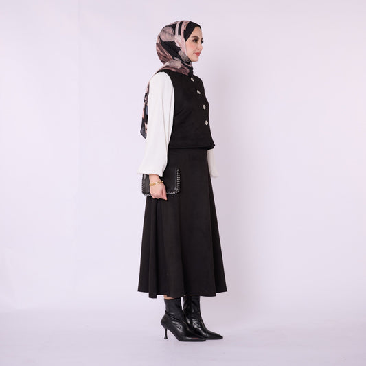 Suede Vest And Skirt Set With Metal Buttons
