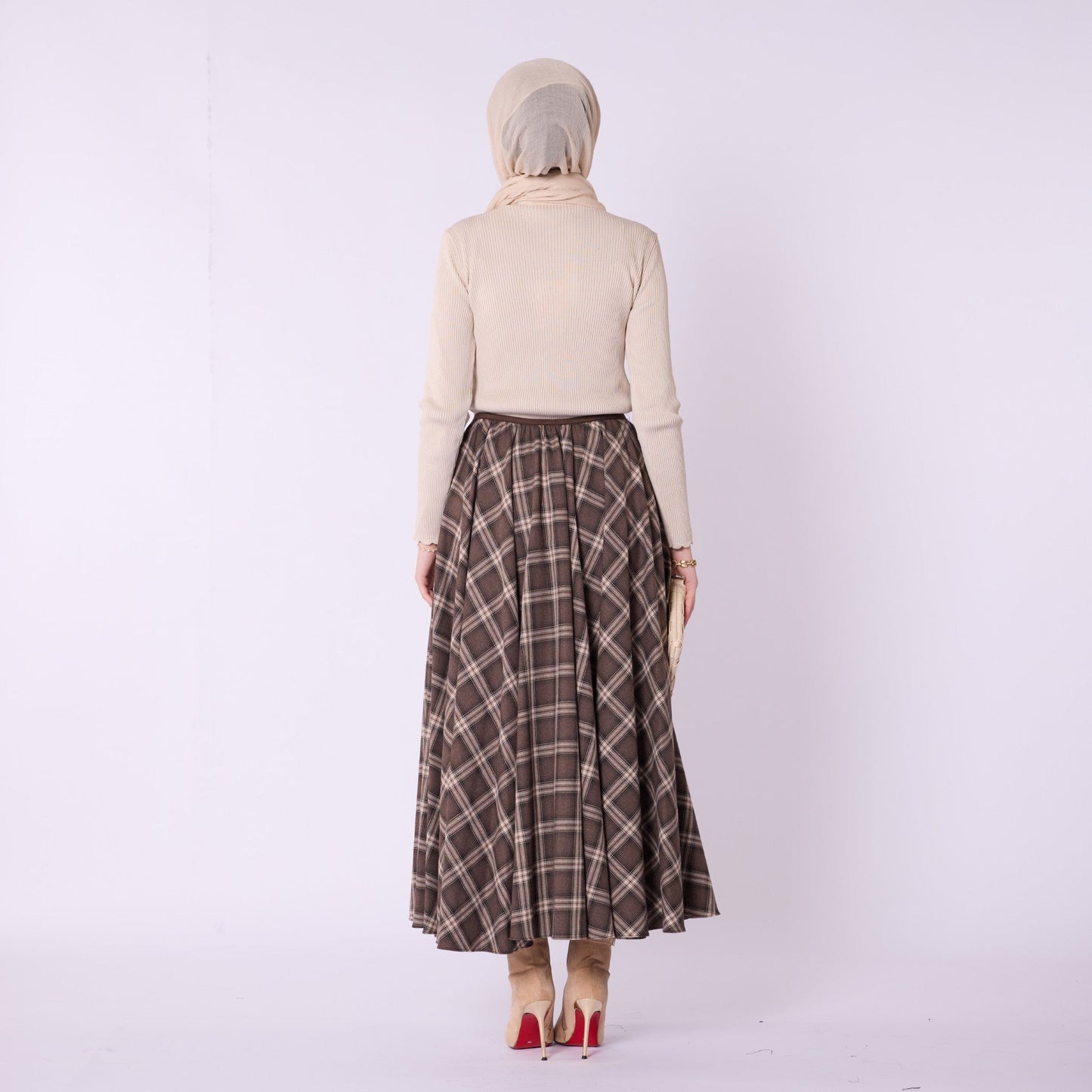 Elastic Waist Checked Long Skirt With Pleat Detail