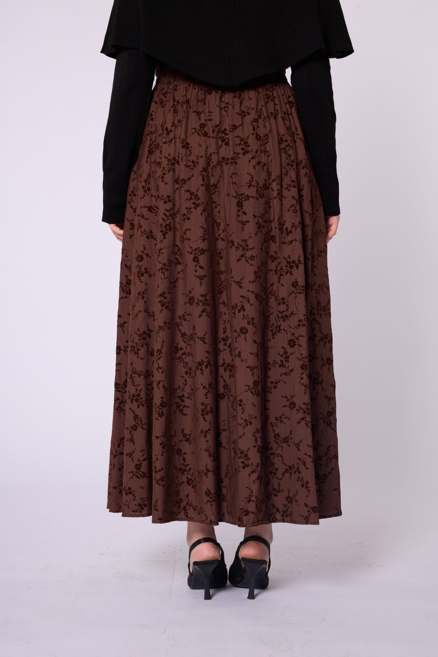 Suede Floral Print Elastic Waist Skirt