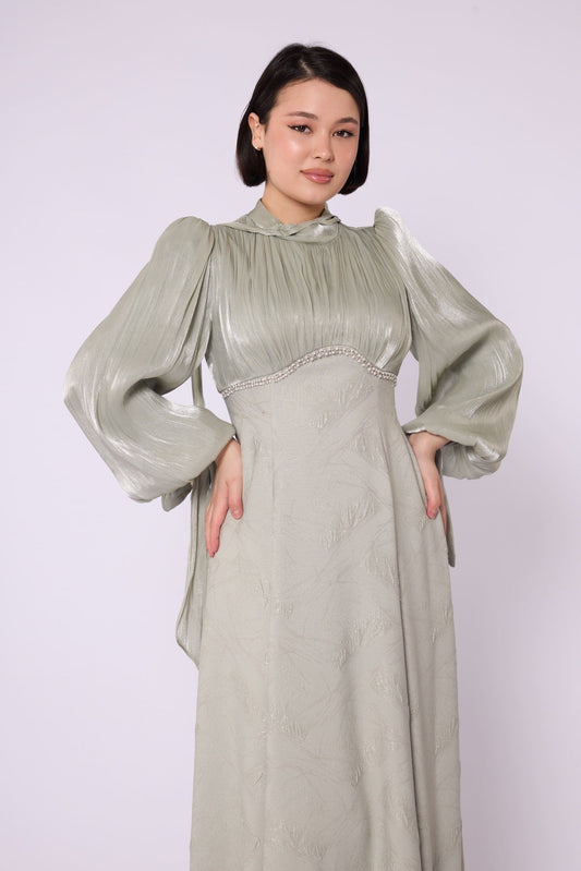Patterned Embellished Chiffon Sleeve Detail Evening Dress