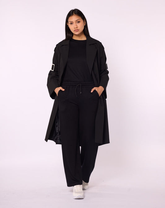 Lined Trench Coat with Double-Breasted Look and Wide Sleeves