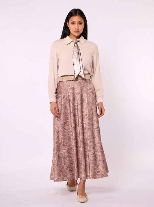 Patterned Satin Skirt with Belt Accessory