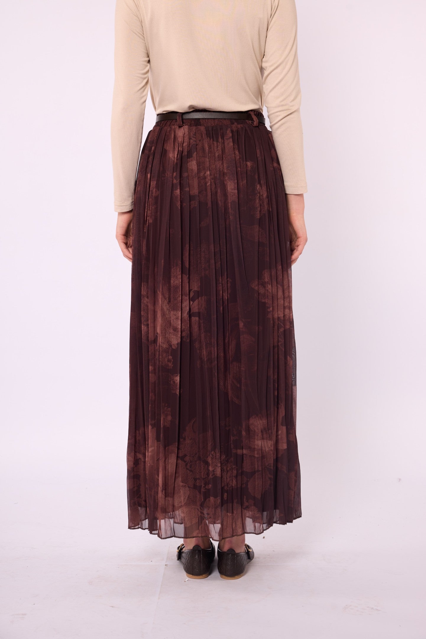 Dark Brown Patterned Chiffon Skirt with Belt Detail