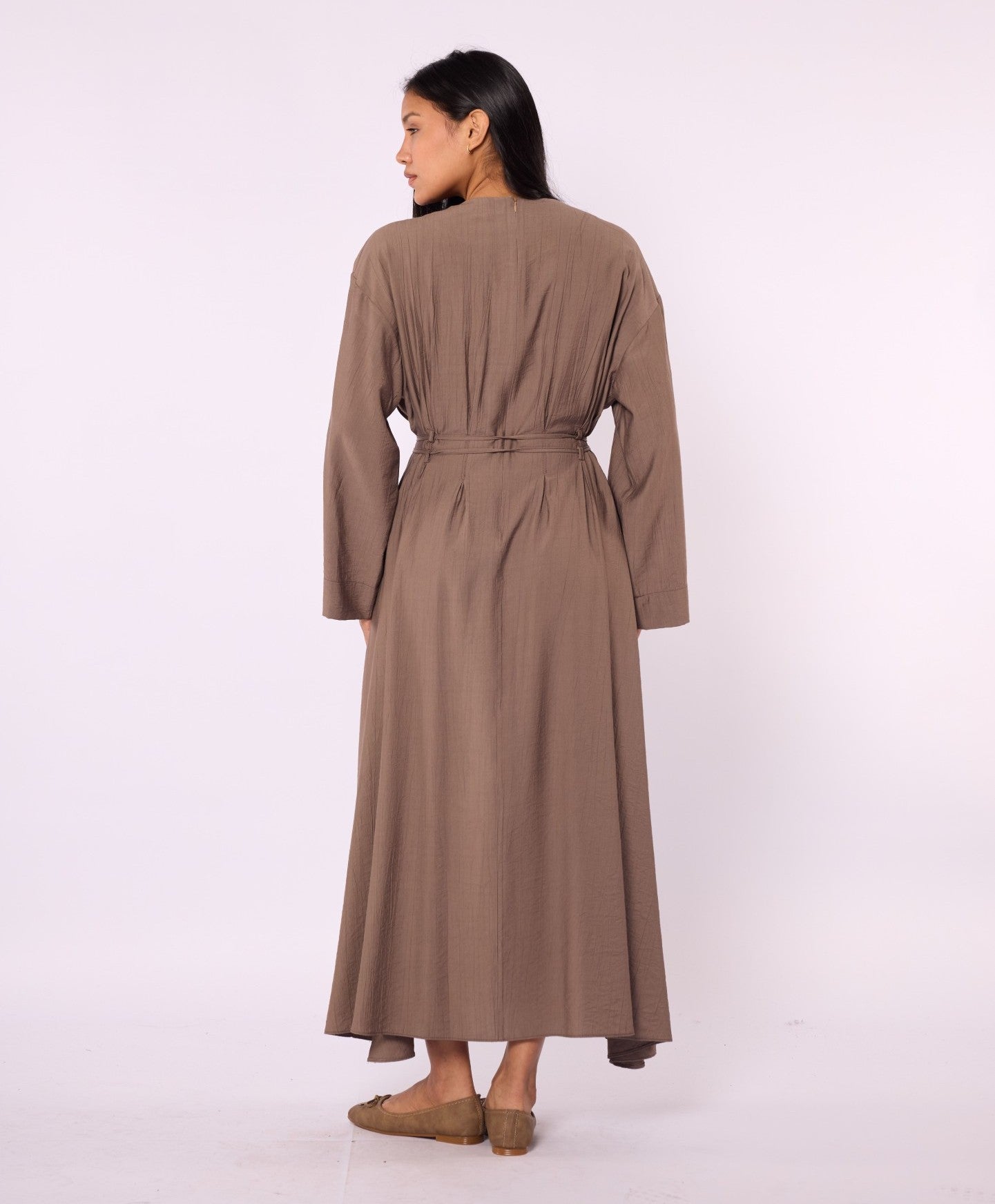 Pleated Long Dress with Waist Tie Detail