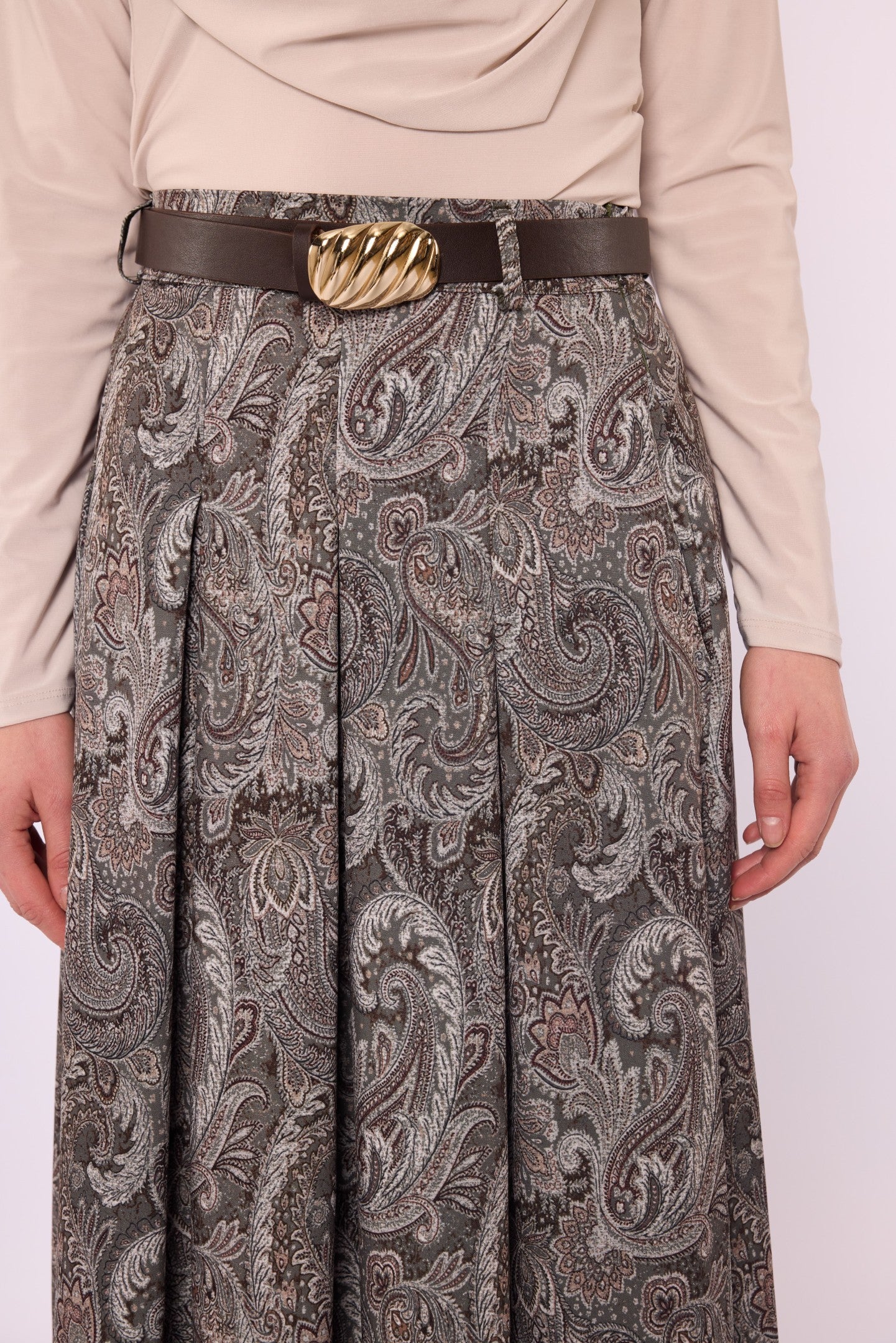 Pleated Skirt with Gold Belt Detail and Paisley Pattern