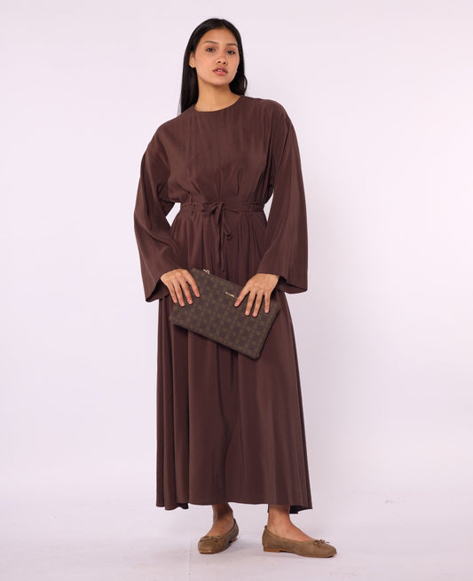 Pleated Long Dress with Waist Tie Detail