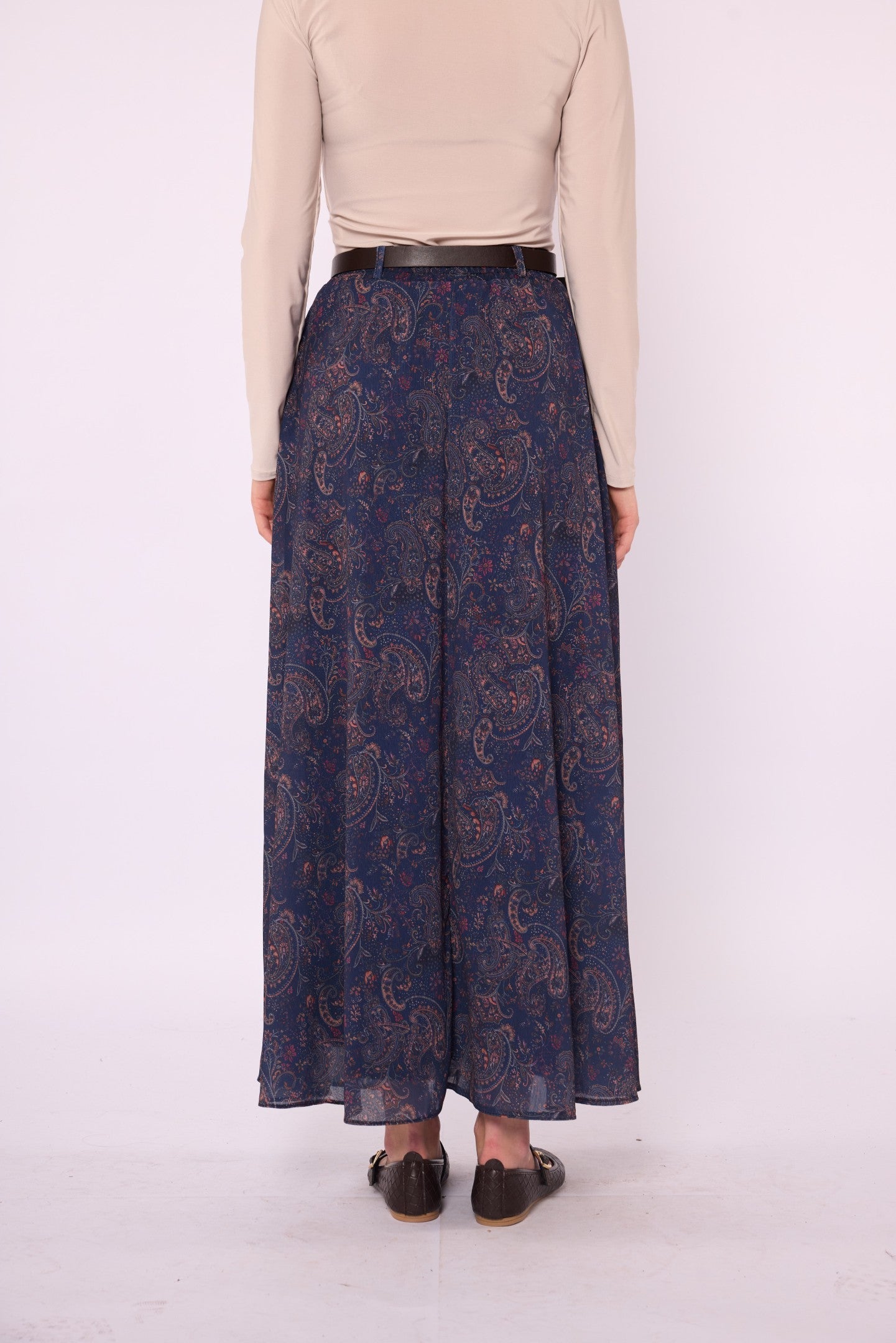 Paisley Patterned Chiffon Skirt with Elastic Waist and Belt Detail