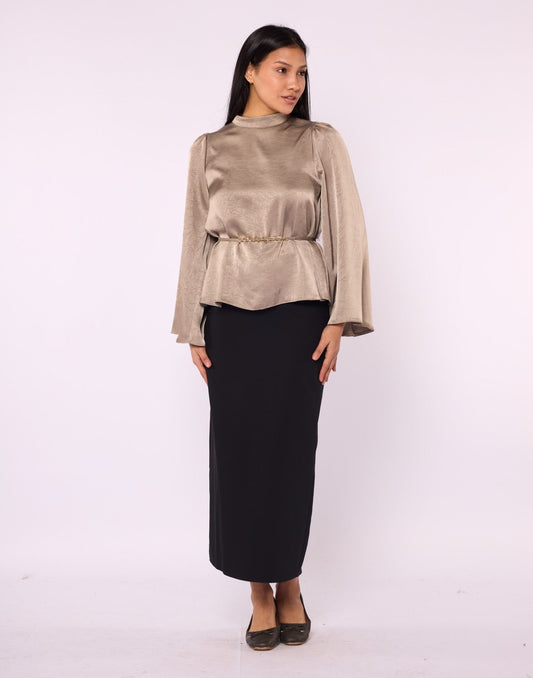 Mandarin Collar Blouse with Waist Tie and Wide Sleeves