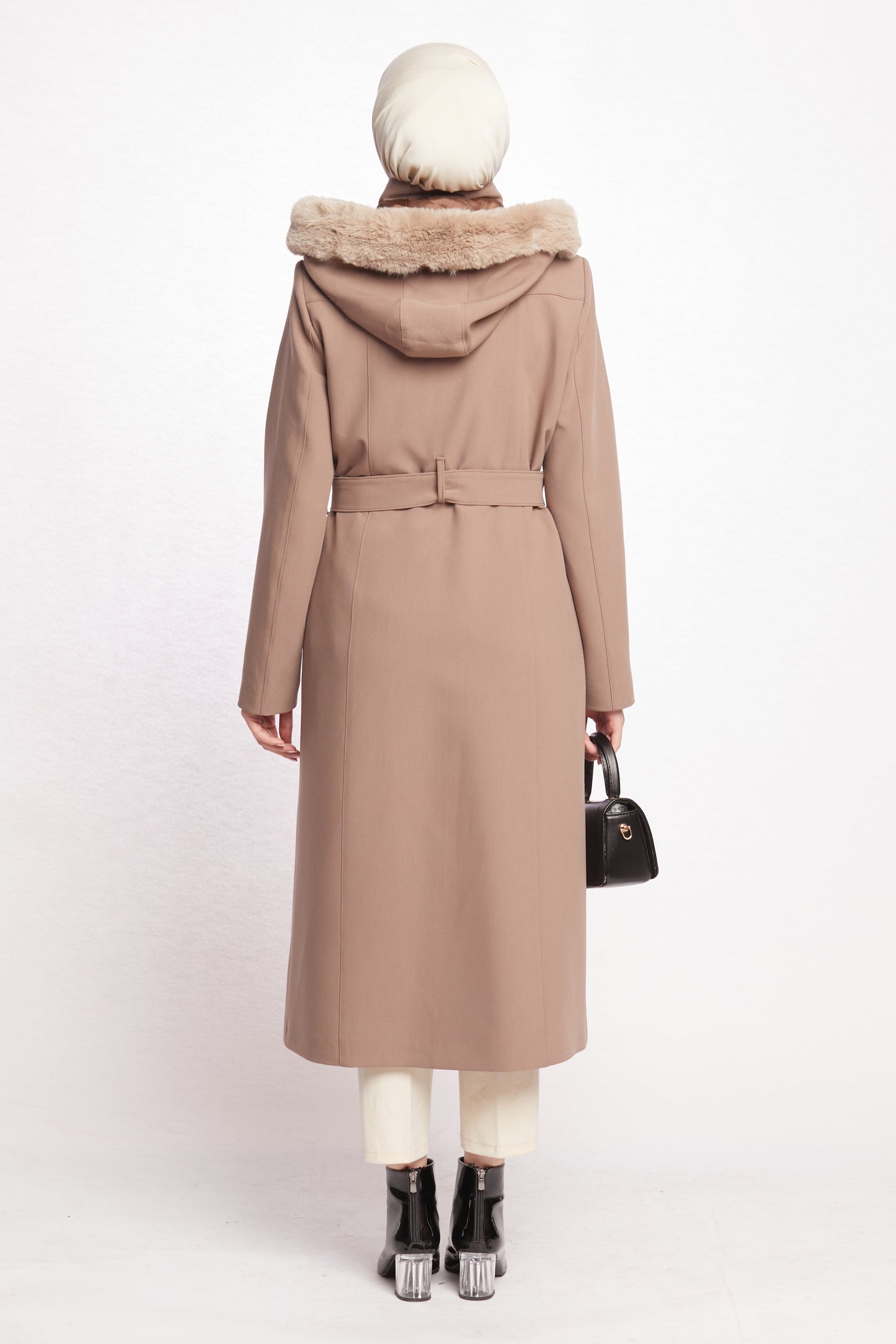 Hooded Faux Fur Trim Long Winter Coat