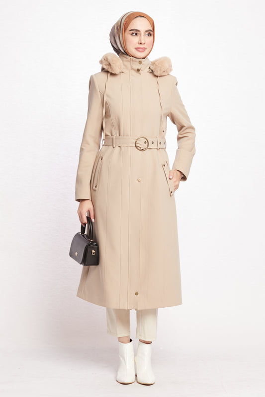 Hooded Faux Fur Trim Long Winter Coat