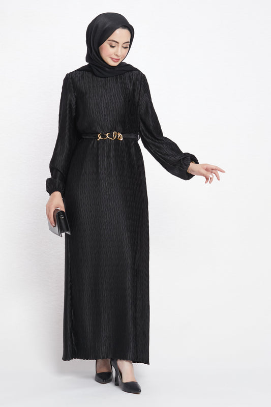 Long Patterned Dress with Belt Detail
