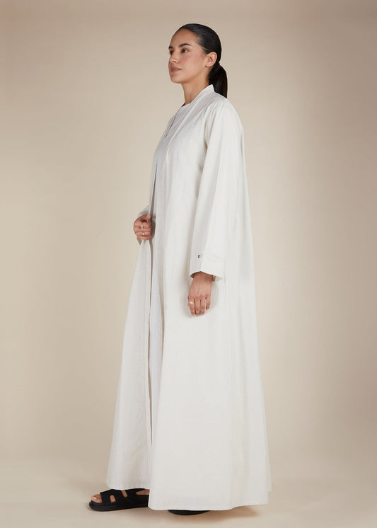 Linen Feel Open Abaya Off White - Final Sale