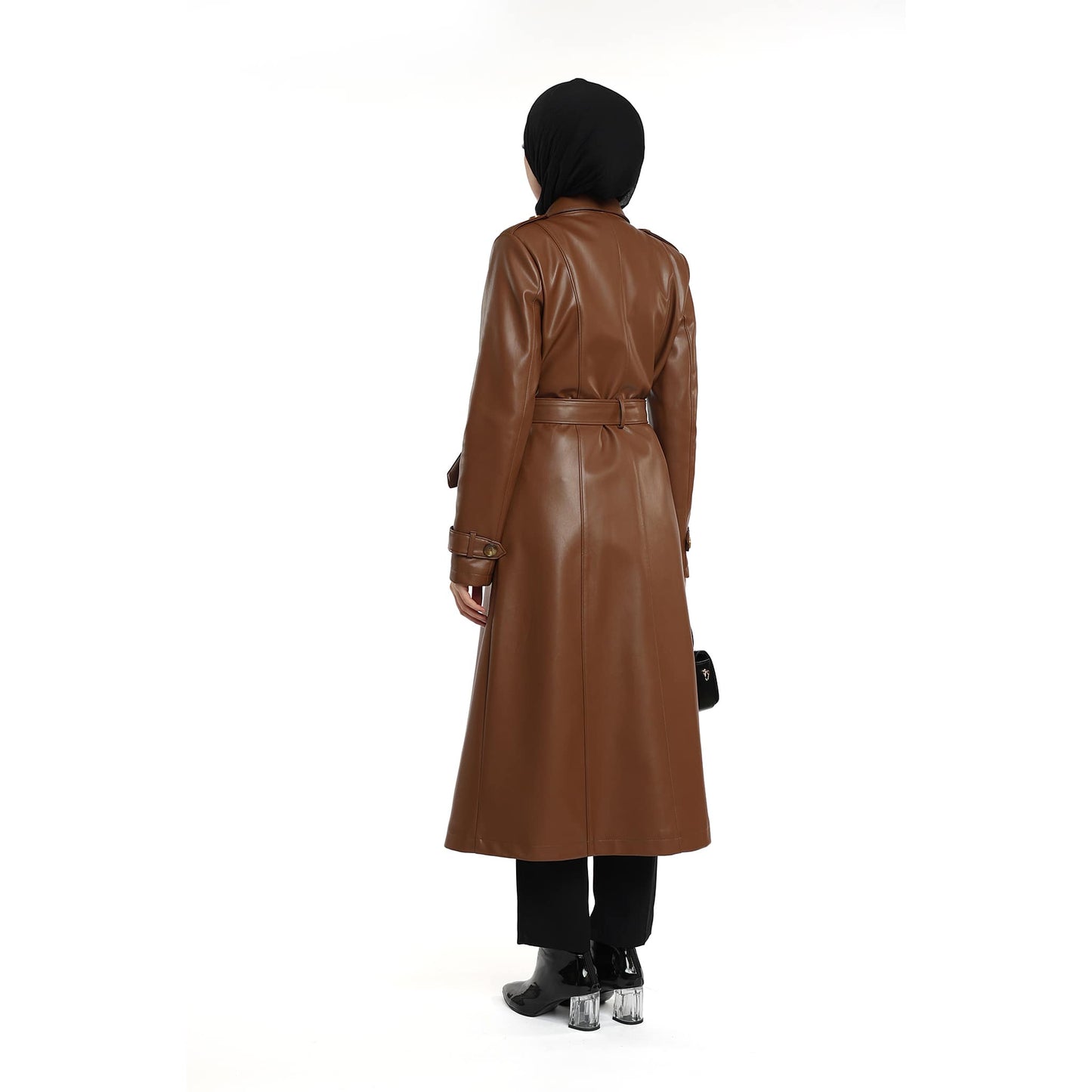 Epaulette and Belt Detail Lined Leather Coat