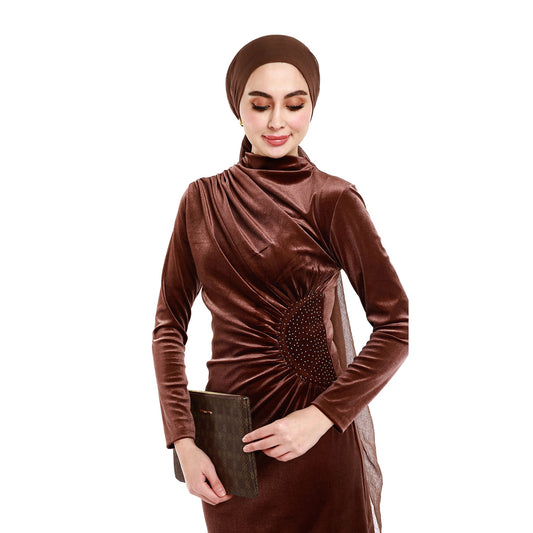Velvet Maxi Dress with Pleats and Stone Details