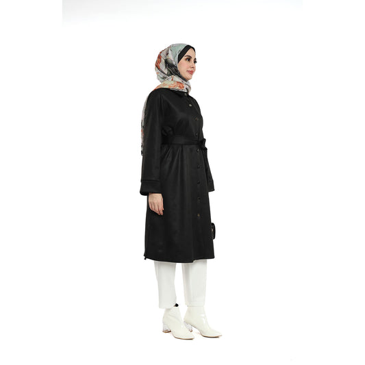 Belted Polo Collar Suede Tunic With Metal Buttons