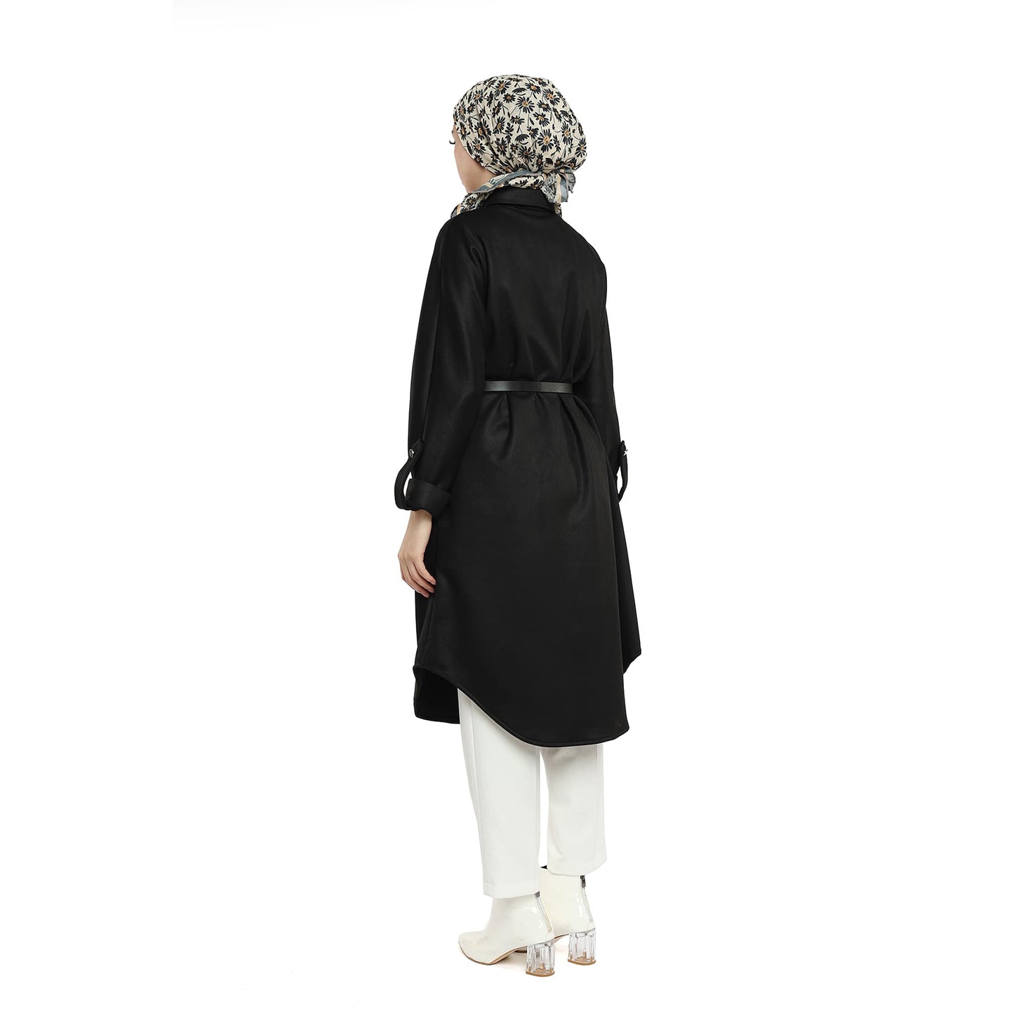 Belted Polo Collar Drop Shoulder Suede Tunic