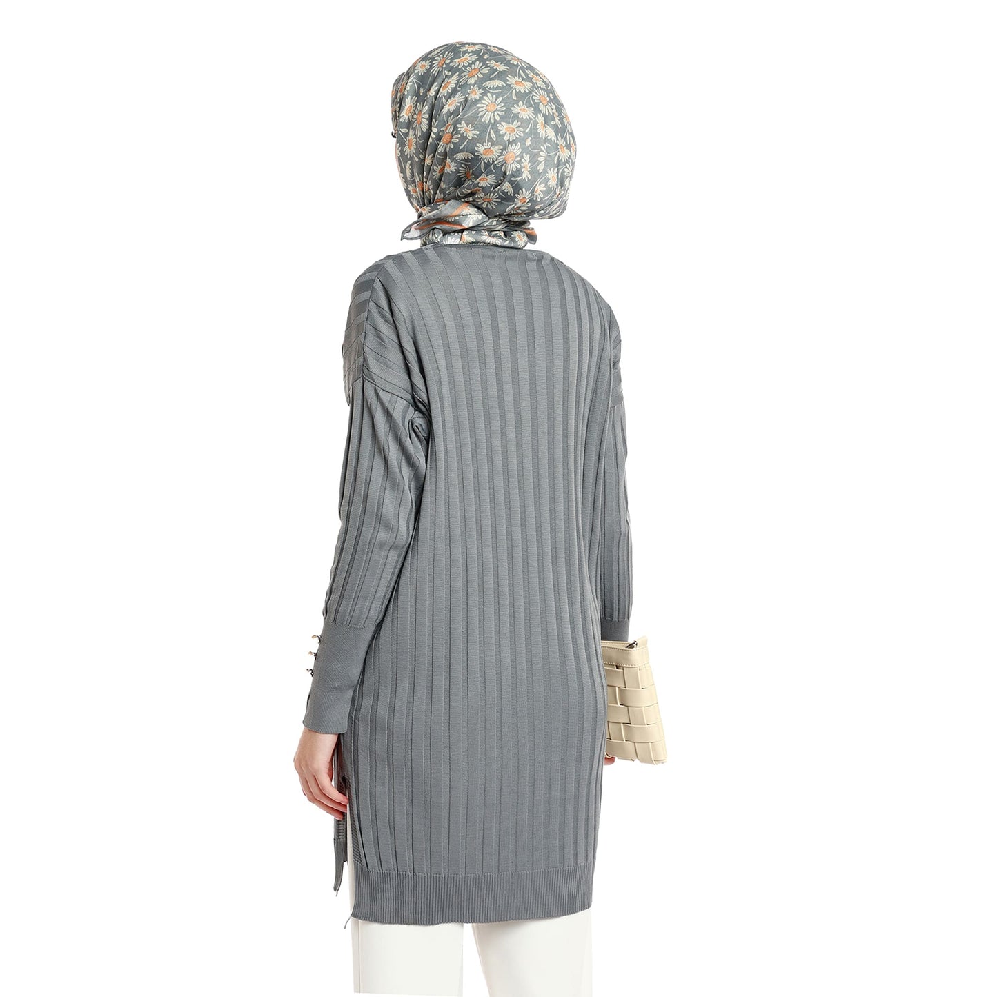 Oversize V-Neck Knit Cardigan with Stripe and Button Accents