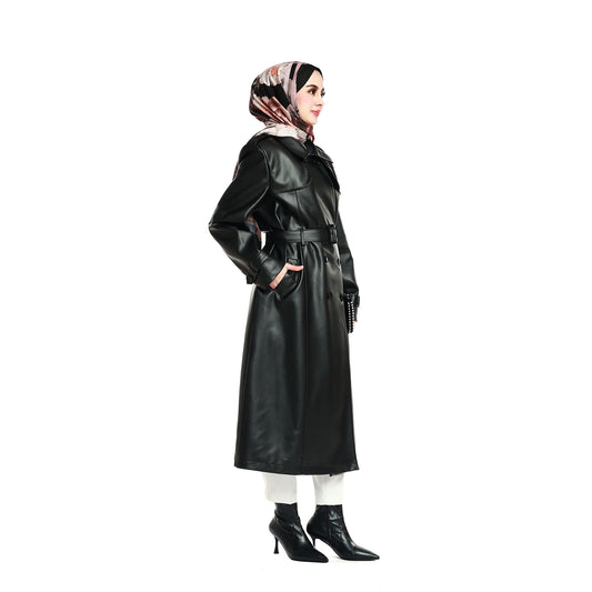 Epaulette and Belt Detail Lined Leather Coat