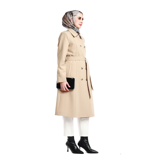 Mid-Length Polo Collar Coat with Epaulettes and Belt Details