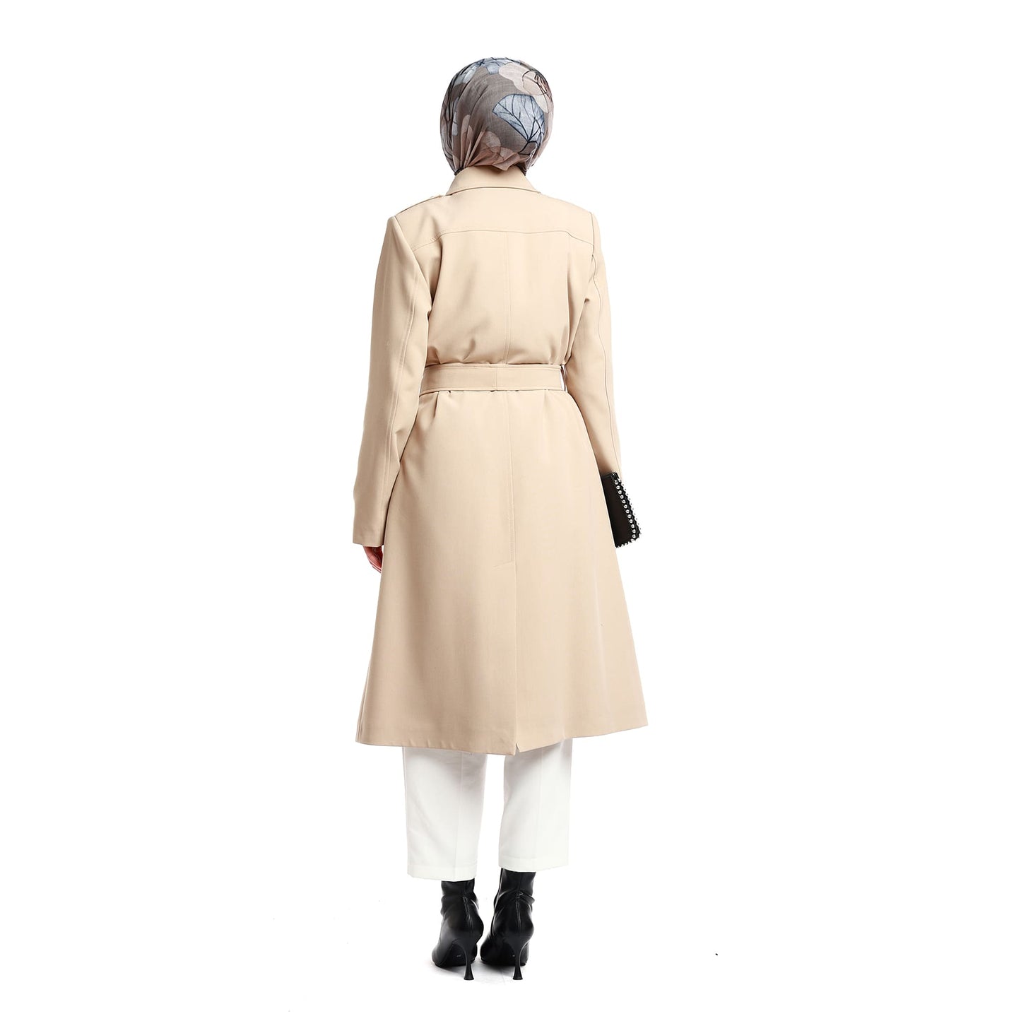 Mid-Length Polo Collar Coat with Epaulettes and Belt Details