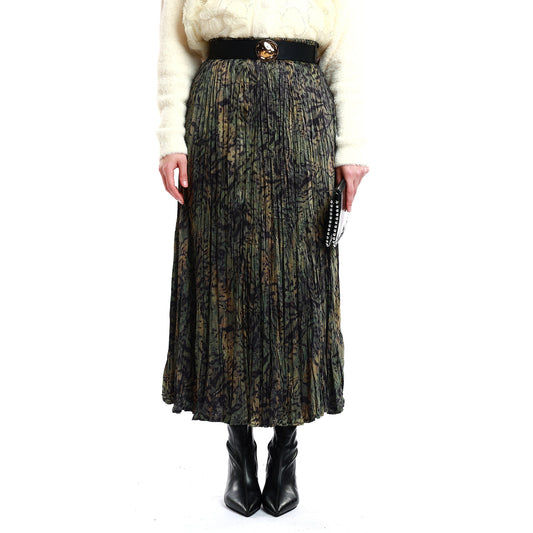 Pleated Skirt with Patterned Belt Detail